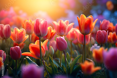  field of colorful tulips on soft focus.spring time