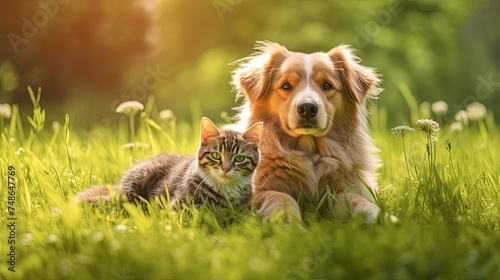 Carnivore vertebrates dog and cat happily laying on grass together