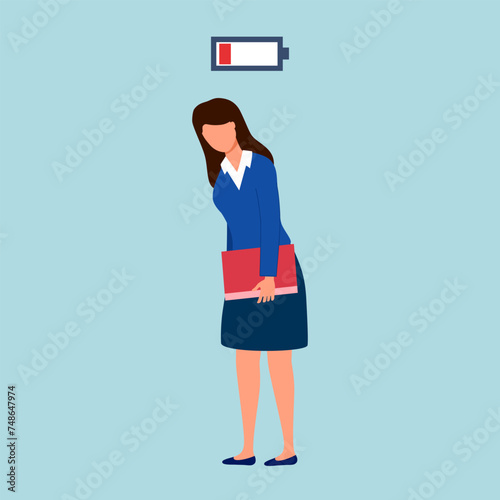 Tired businesswoman with lack of energy. Low battery employee concept vector illustration.