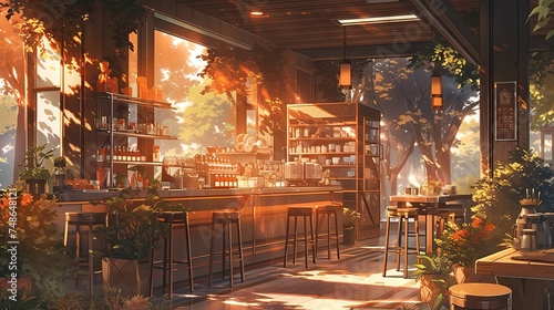 Anime-style illustration of a cozy cafe interior with wooden furniture and orange lighting, anime chill hip stream overlay loop background