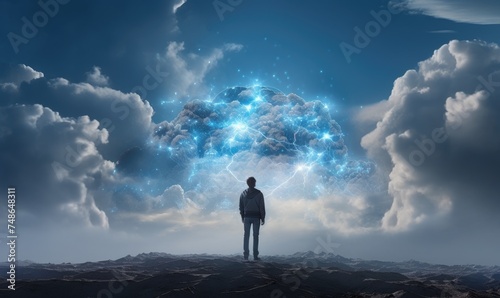 Man standing in front of a futuristic cloud connected to his mind.