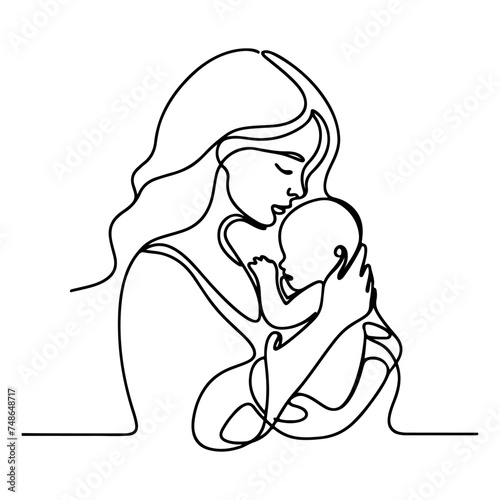 Continuous one black line art drawing parents with newborn baby doodles outline style vector illustration on white background