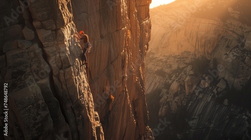 Man scaling the bedrock wall in the mountain landscape