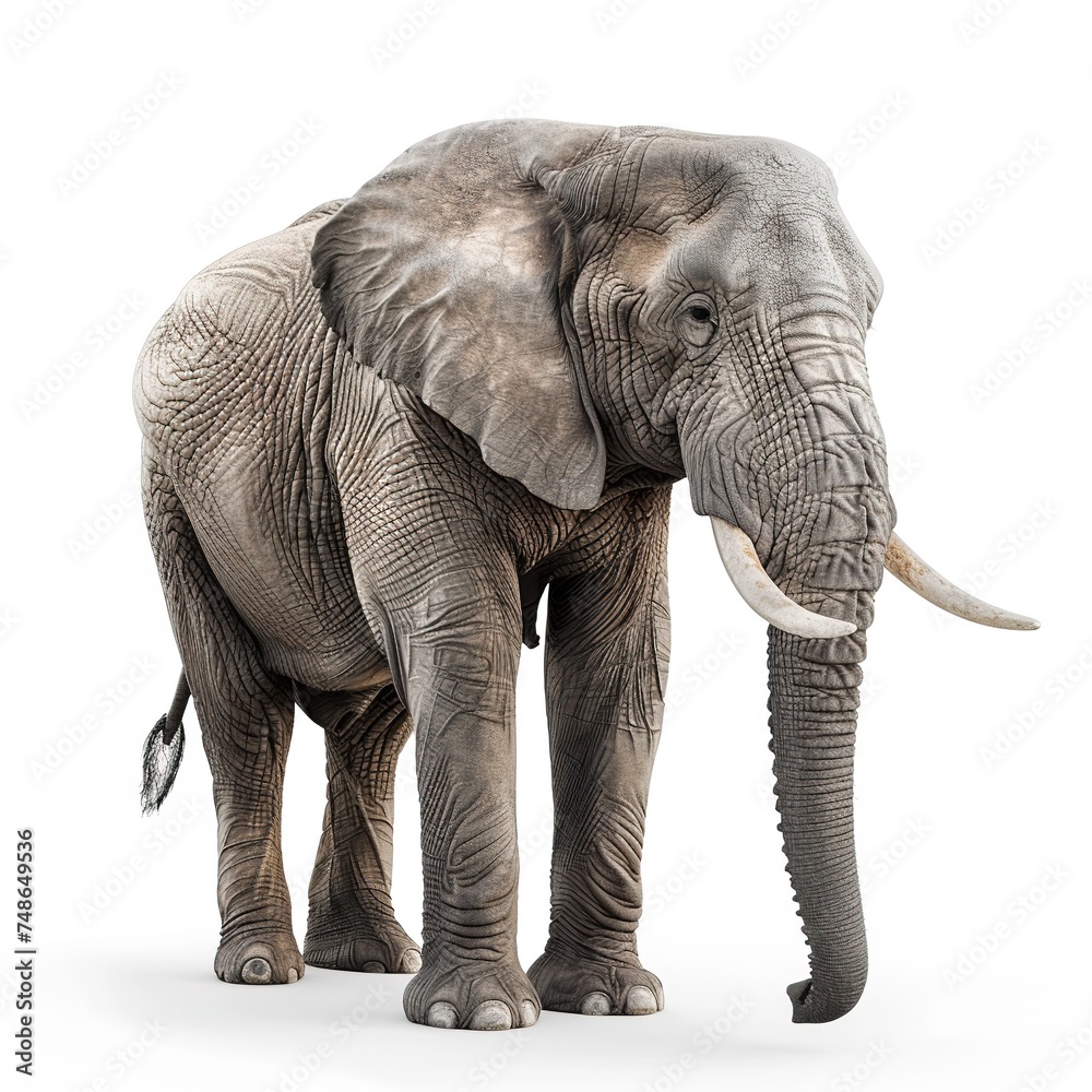 Obraz premium side-view_cute_young_indian_elephant_trunk_upwards_white_background_ai_generated