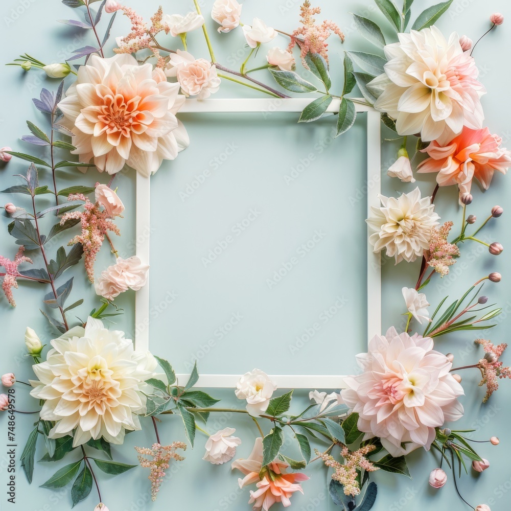 Wedding elegant flower frame on a light blue background. Generative AI