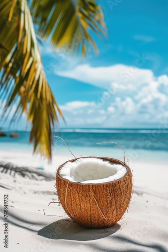 Wallpaper Mural Tropical coconut juice, cocktail with drinking straw. Tropical coconut juice, water, cocktail with bamboo drinking straw on sunny beach and palm minimal. Cold summer refreshment beverage for enjoy. Cl Torontodigital.ca