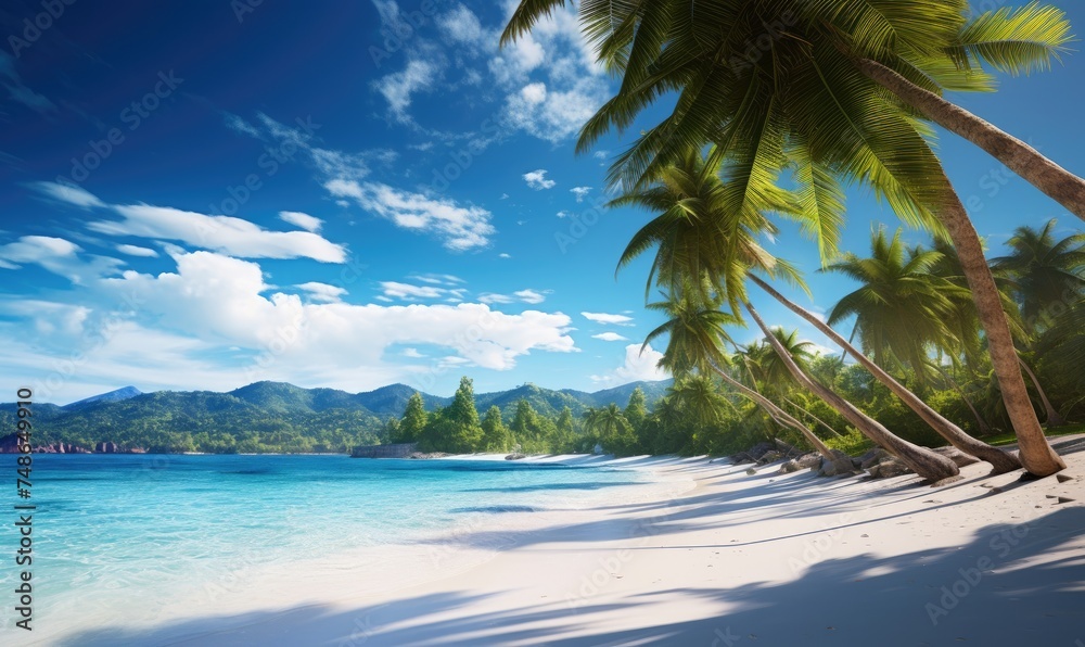 Fototapeta premium Beautiful white beach and amazing sea, lush green palm trees, pristine white sands. Perfect vacation concept.