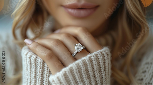 Elegant woman wearing diamond ring. Beautiful jewelry and accessory business banner concept. photo