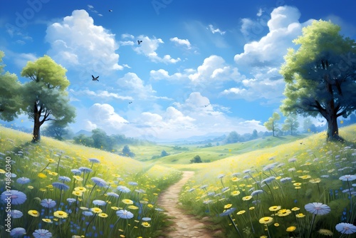 Spring clear natural landscape with flowers, geer grass, flower background, herb land wallpaper
