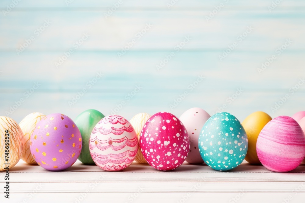 Fototapeta premium Easter banner of colorful pastel painted eggs in row on white wooden background. Religion tradition pattern. Greeting card. Copy space.