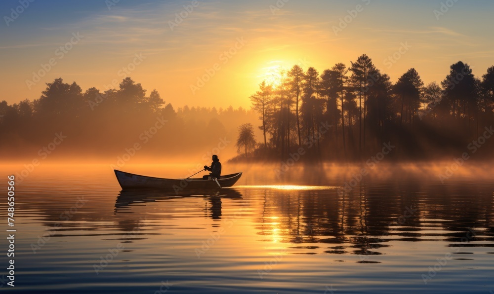 An elderly fisherman in a small wooden boat on a lake at amazing sunrise.