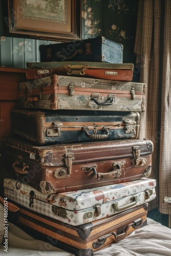 A stack of mismatched suitcases at a quaint bed and breakfast, telling stories of diverse travelers and their journeys.