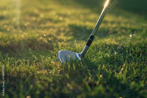 A close-up of a golf club resting on the ground, casting a shadow on the grass. 
