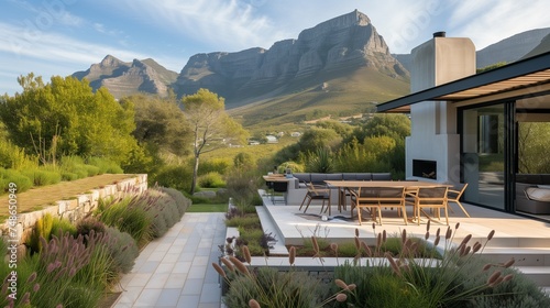 A Cape Town craftsman house, with an outdoor braai area, panoramic mountain views, and native fynbos landscaping