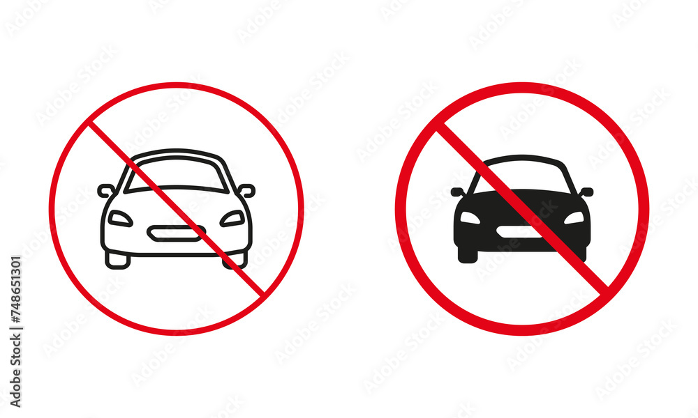 Vehicle Not Allowed Road Sign. Ban Auto Car Circle Symbol Set. Prohibit Traffic Red Sign. No Automobile Transport Line and Silhouette Forbidden Icons. Isolated Vector Illustration Vehicle Not Allowed Road Sign. Ban Auto Car Circle Symbol Set. Prohibit Traffic Red Sign. No Automobile Transport Line and Silhouette Forbidden Icons. Isolated Vector Illustration