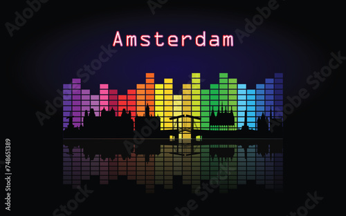 Black panorama of city of Amsterdam on multi colored music equalizer with  reflection of city and music equalizer with multi colored inscription of the name of the city on black background