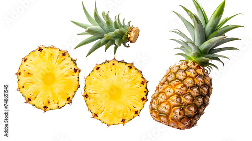 Flat lay of Pineapple with cut in half isolated on transparent background