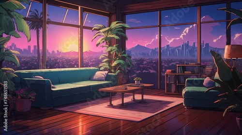 Anime manga style empty room with jungle view and hip-hop lights  a colorful and cozy lofi scene