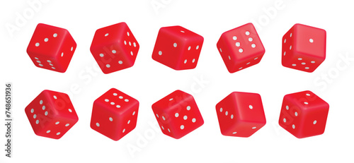 Set of red dice with random numbers of white dots 3D rendered. Gambling objects to play craps and poker, casino, tabletop or board games realistic three dimensional vector illustration