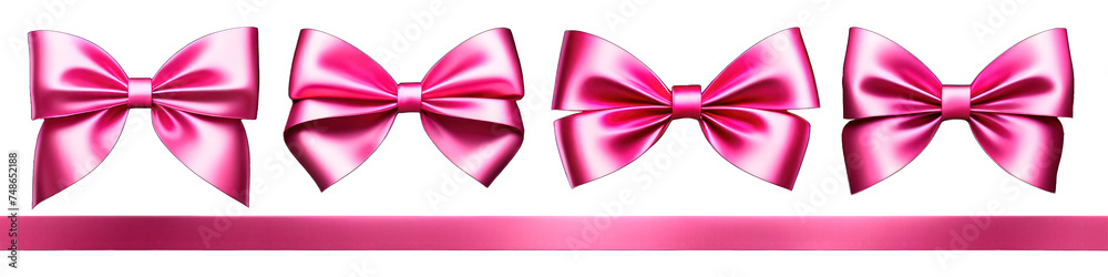 Set of insulated pink satin bows and ribbon for decorating gifts on a transparent background
