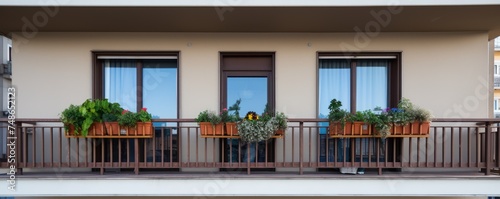 Spacious balcony of an apartment with flowers in pots.