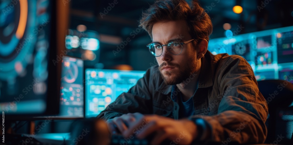 Man in glasses working on computer in front of screen with multiple images displayed Man in glasses working on computer in front of screen with multiple images displayed