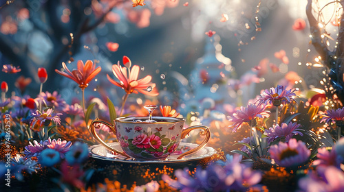 Whimsical tea parties bloom, cups clink, laughter fills air.  photo