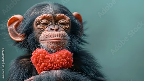 Cute monkey chimpanzee holding red heart. Pastel green background. Happy monkey for St. Valentine's Day party. Happy Valentine's Day 4k video funny photo
