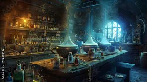 A magical potion shop with bubbling cauldrons and mystical ingredients