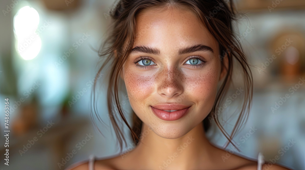 Close-up portrait of a beautiful young female fashion model with blue eyes, freckles, and well groomed eyebrows, looking at camera Close-up portrait of a beautiful young female fashion model with blue eyes, freckles, and well groomed eyebrows, looking at camera