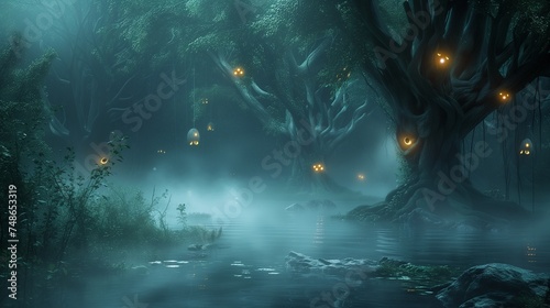 A mystical swamp with fog and glowing eyes in the darkness