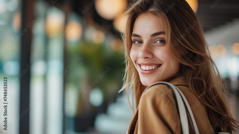 Radiant Young Woman Smiling in City Chic Style