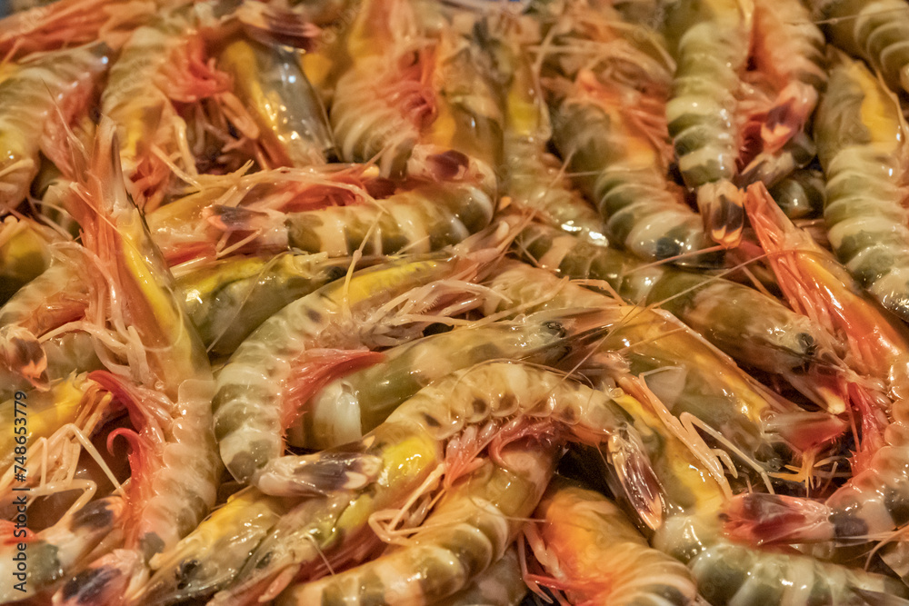 Tiger prawns caught on the day and freshly unloaded from the boat, for sale in the fishmonger of a market in a city on the Spanish coast.