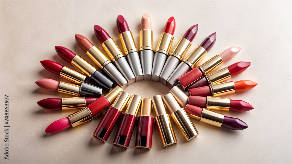 cosmetics lipstick laid out in a fan of different colors
