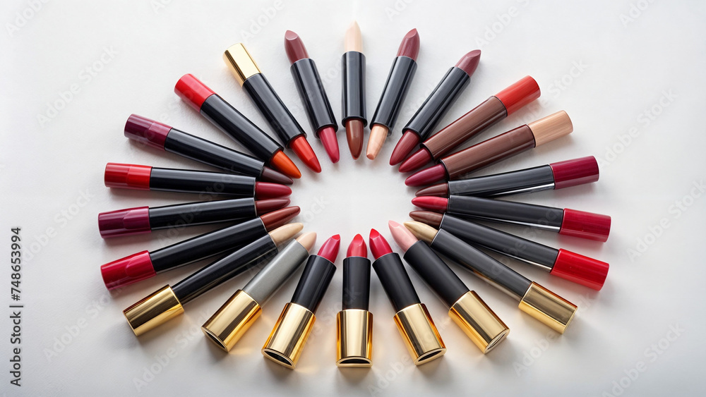 several different lipsticks laid out with a fan several different lipsticks laid out with a fan