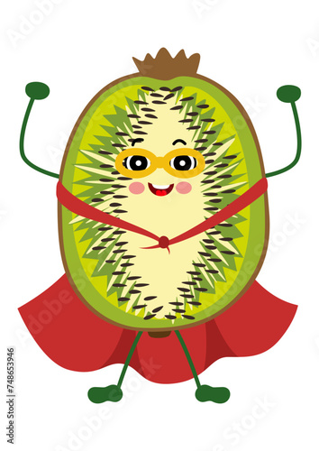 Funny half kiwi mascot in traditional superhero costume.