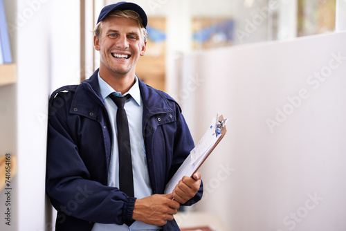 Canvas-taulu Portrait, smile and retail with courier man at office for distribution, shipping or service
