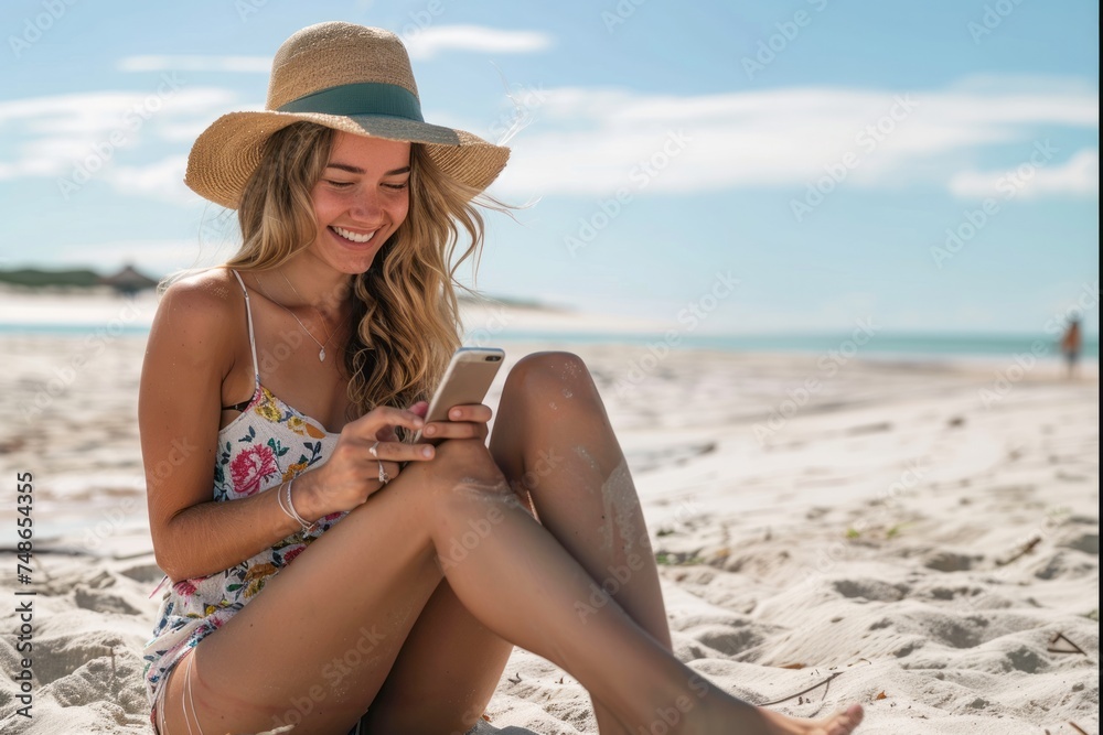 A beautiful young girl in a straw hat uses a phone, a smartphone application against the background of the beach and sea