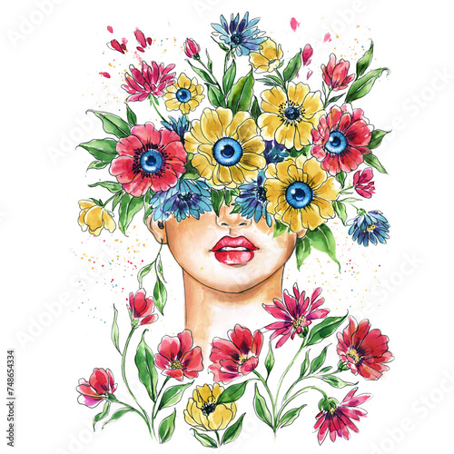 Fototapeta Naklejka Na Ścianę i Meble -  Flower head, Girl head with flowers blooming, Fashion print, T-shirt print. Concept art.