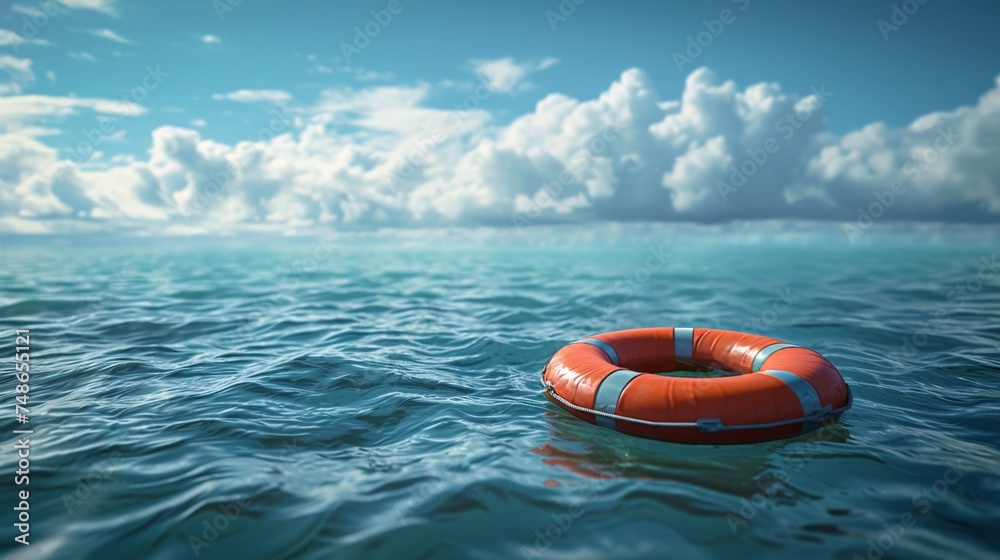 Orange Life Preserver Floating in the Ocean With Blue Sky Background, Safety and Survival Concept Orange Life Preserver Floating in the Ocean With Blue Sky Background, Safety and Survival Concept