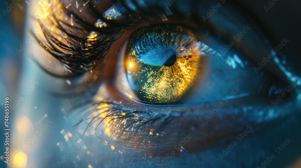 a close up of a person's eye with the reflection sky in the iris eye. a close up of a person's eye with the reflection sky in the iris eye.