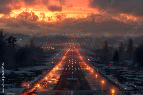 Aerial view of the highway at sunset in the winter season