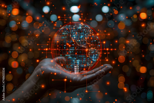 Man hand holding global network connection concept on bokeh background