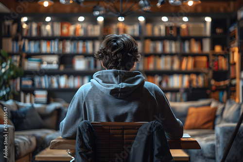 Back view of a young man sitting in a library and looking at books
