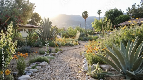 Create an urban garden that withstands drought, offers water conservation tips, and selects suitable plants. photo