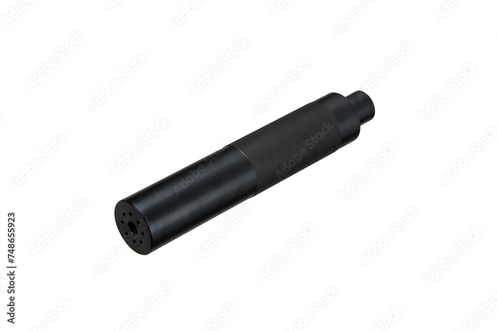 Black silencer for weapons. Suppressor that is at the end of an assault rifle. Isolate on a white back. Black silencer for weapons. Suppressor that is at the end of an assault rifle. Isolate on a white back.