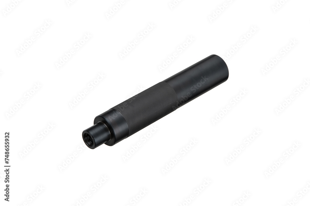 Black silencer for weapons. Suppressor that is at the end of an assault rifle. Isolate on a white back. Black silencer for weapons. Suppressor that is at the end of an assault rifle. Isolate on a white back.