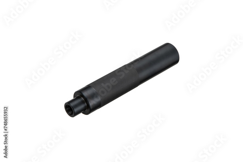 Black silencer for weapons. Suppressor that is at the end of an assault rifle. Isolate on a white back.