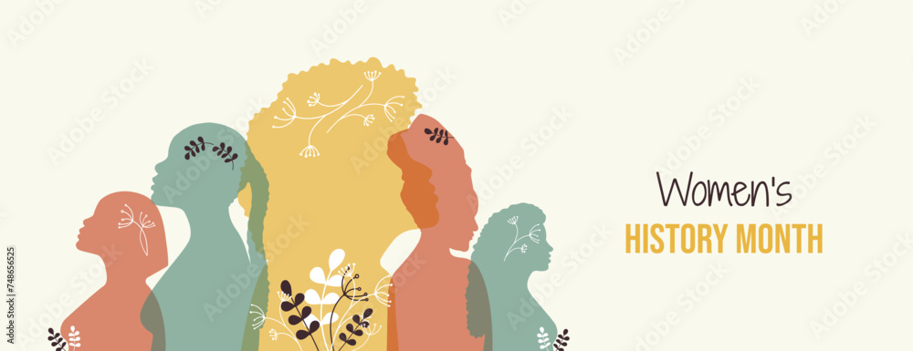 Women's History Month banner with silhouettes of different girls. Diversity of religions, ages and races - obrazy, fototapety, plakaty 