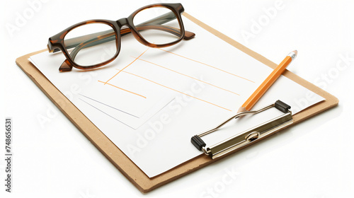 Clipboard with glasses  pencil with pieces of paper.